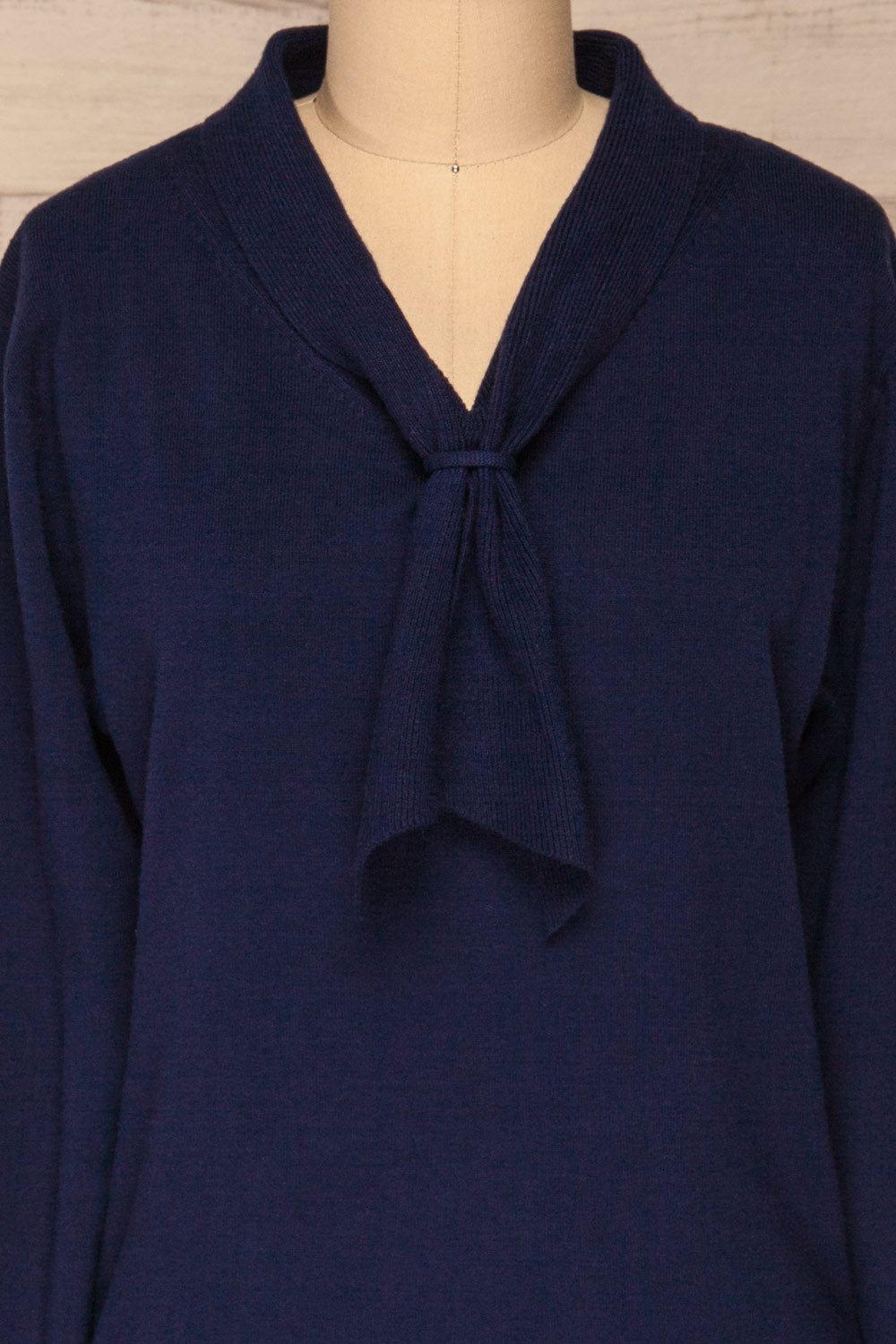 Yelysaveta Navy Blue Tied Neckline Knit Top | La Petite Garçonne front close-up