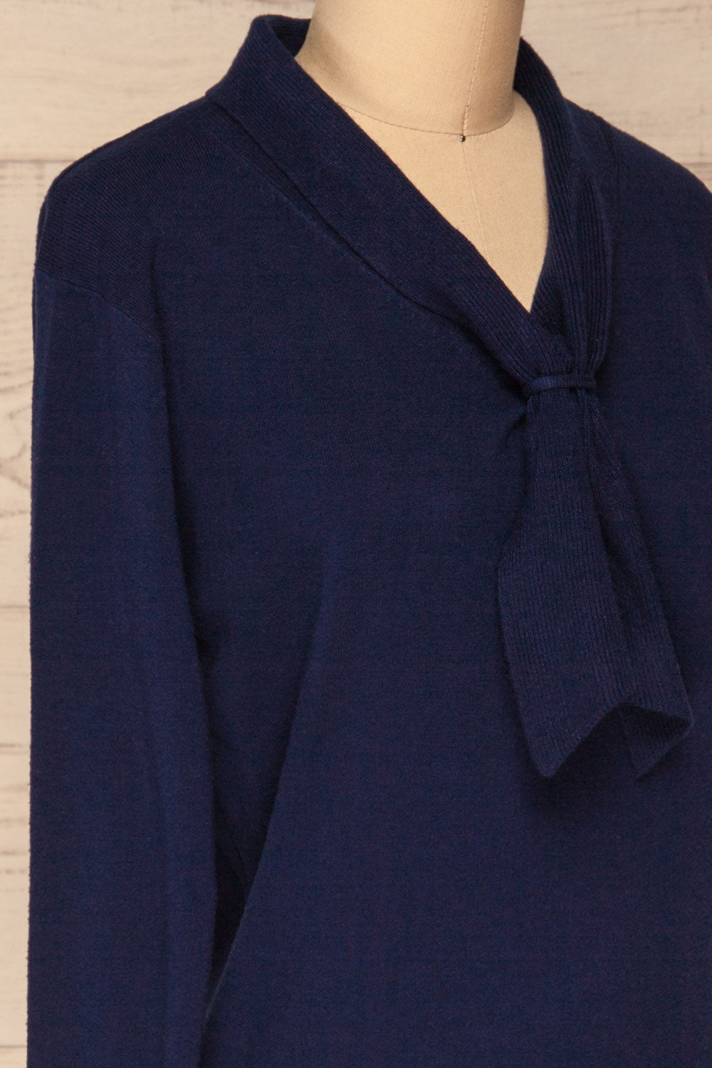 Yelysaveta Navy Blue Tied Neckline Knit Top | La Petite Garçonne side close-up