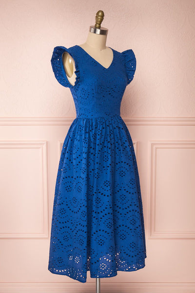 Yousra Bleu Blue Openwork Midi Dress side view | Boutique 1861