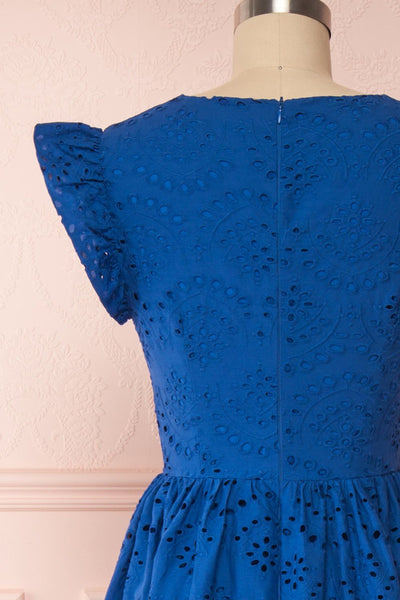 Yousra Bleu Blue Openwork Midi Dress back close up | Boutique 1861