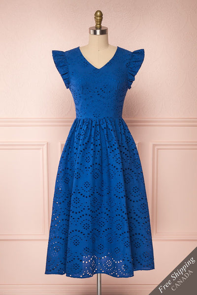 Yousra Bleu Blue Openwork Midi Dress front view | Boutique 1861