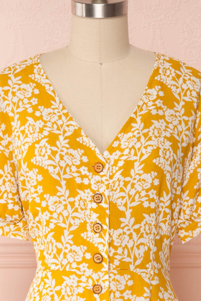 Yavanna Yellow & White Buttoned Midi Dress | Boutique 1861 front close up