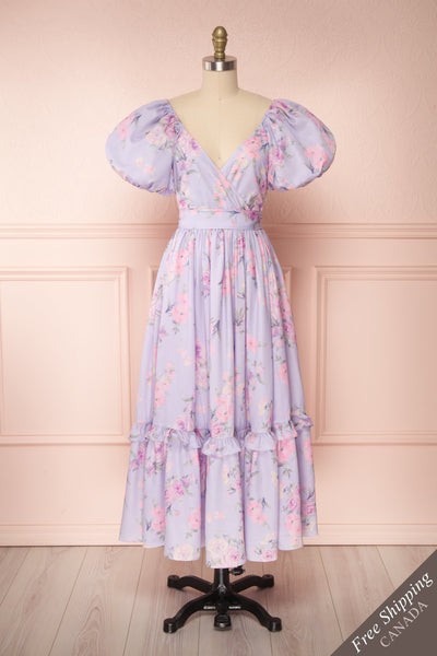 Zandria Lilac Floral Puffy Sleeve Midi Dress | Boutique 1861 front view FS