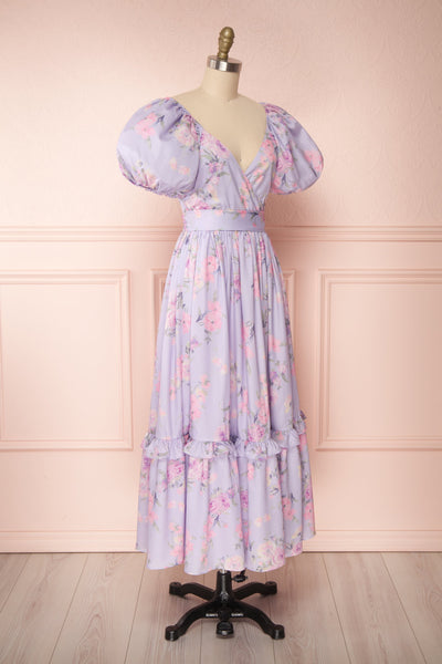 Zandria Lilac Floral Puffy Sleeve Midi Dress | Boutique 1861 side view