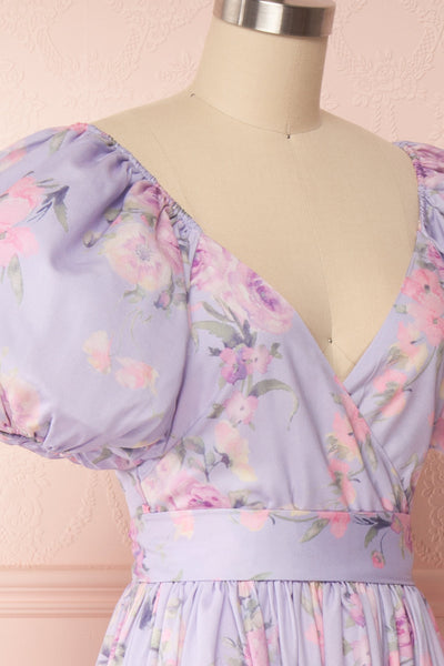 Zandria Lilac Floral Puffy Sleeve Midi Dress | Boutique 1861 side close up