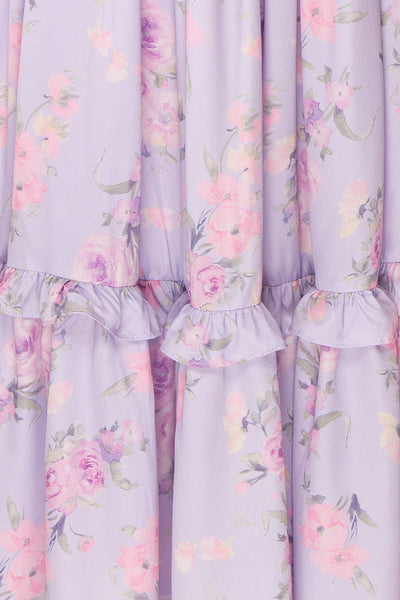 Zandria Lilac Floral Puffy Sleeve Midi Dress | Boutique 1861 fabric