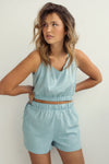 Dailystory Rylee Blue | Cropped Tank Top w/ Back Bow photoshoot
