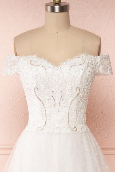 Zaristelle White A-Line Bridal Dress | Robe front close up | Boudoir 1861