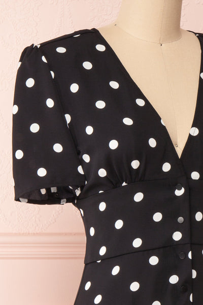 Zinovia Black & White Polka Dot Short Dress | Boutique 1861 side close-up