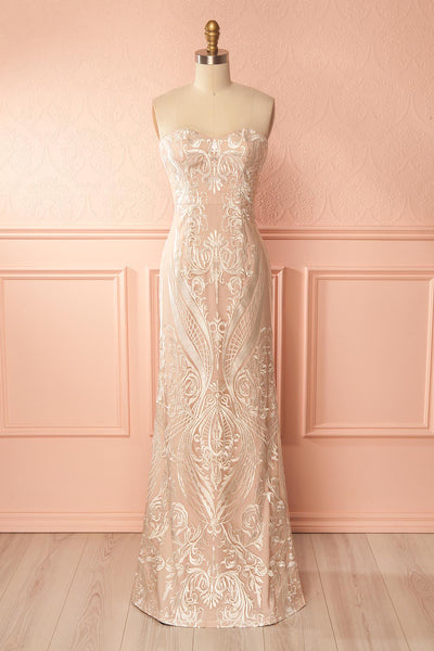 Zohra Beige Embroidered Bustier Mermaid Gown | Boudoir 1861 front view
