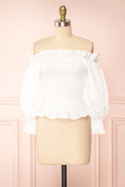 Aaroma White Puffy Sleeve Ruched Top | Boutique 1861 front view
