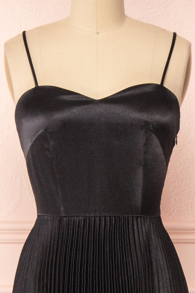 Abetyn Black Silky Pleated Midi Dress | Boutique 1861 front close-up