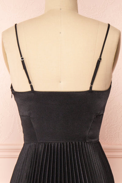 Abetyn Black Silky Pleated Midi Dress | Boutique 1861 back close-up