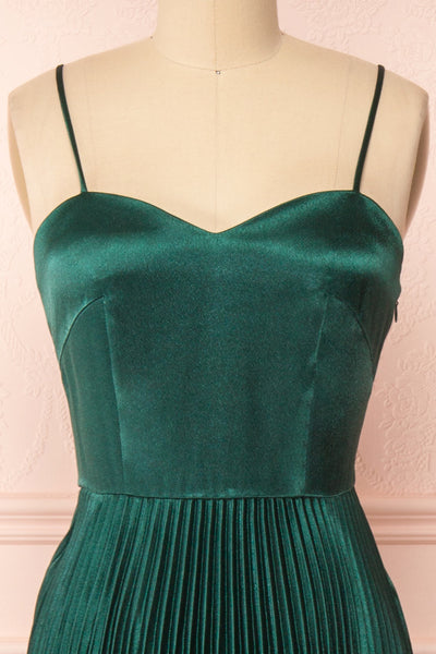 Abetyn Emerald Silky Pleated Midi Dress | Boutique 1861 front close-up