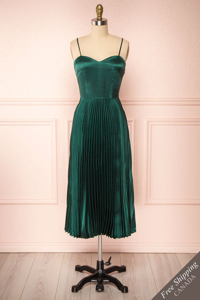 Abetyn Emerald Silky Pleated Midi Dress | Boutique 1861 front view