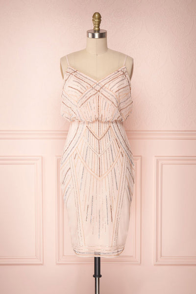 Abigaelle Pink Fitted Cocktail Dress w/ Bead Pattern | Boutique 1861