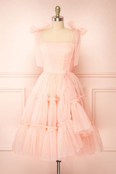 Abigail Three-Tiered Pink Midi Dress | Boutique 1861 front slit