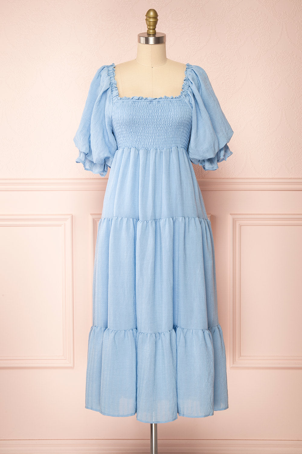 Abra Blue Tiered Midi Dress w/ Puffy Sleeves | Boutique 1861 front view