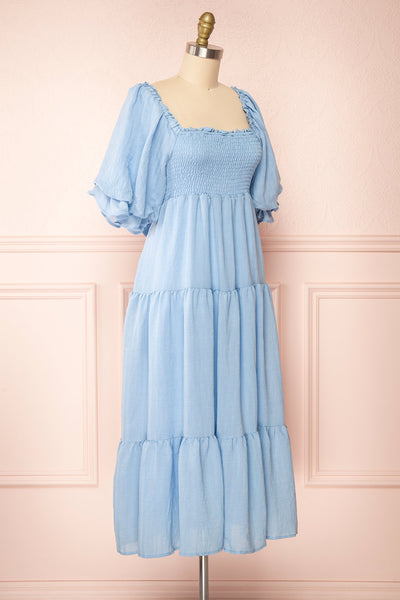 Abra Blue Tiered Midi Dress w/ Puffy Sleeves | Boutique 1861 side view