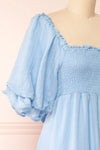 Abra Blue Tiered Midi Dress w/ Puffy Sleeves | Boutique 1861 side close-up