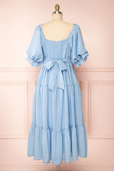 Abra Blue Tiered Midi Dress w/ Puffy Sleeves | Boutique 1861 back view