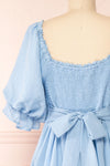 Abra Blue Tiered Midi Dress w/ Puffy Sleeves | Boutique 1861 back close-up