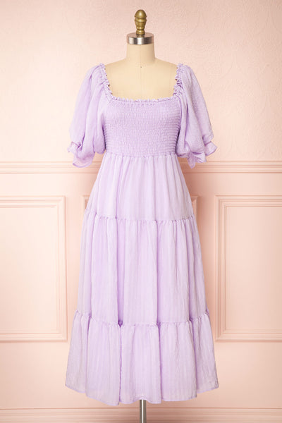 Abra Lavender Tiered Midi Dress With Puff Sleeves | Boutique 1861 front view