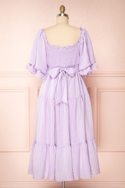 Abra Lavender Tiered Midi Dress With Puff Sleeves | Boutique 1861 back view