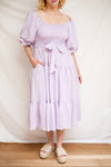Abra Lavender Tiered Midi Dress w/ Puffy Sleeves | Boutique 1861 model