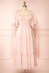 Abra PInk Tiered Midi Dress w/ Puffy Sleeves | Boutique 1861 front view