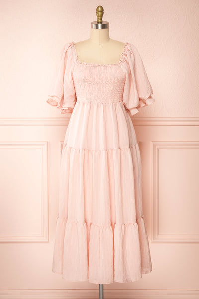 Abra PInk Tiered Midi Dress w/ Puffy Sleeves | Boutique 1861 front view