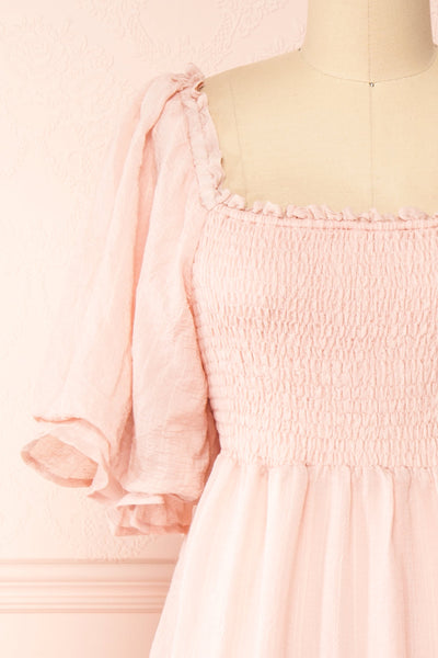 Abra PInk Tiered Midi Dress w/ Puffy Sleeves | Boutique 1861 front close-up