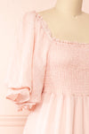 Abra PInk Tiered Midi Dress w/ Puffy Sleeves | Boutique 1861 side close-up