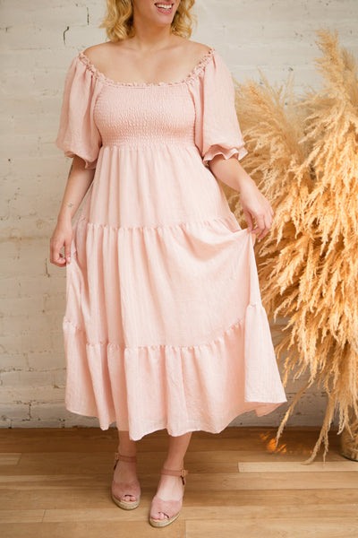 Abra Pink Tiered Midi Dress w/ Puffy Sleeves | Boutique 1861