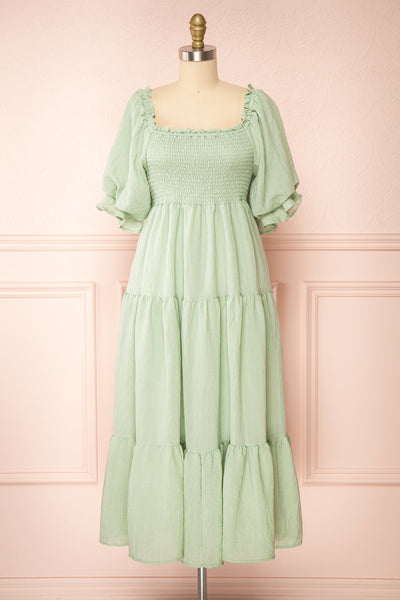 Abra Sage | Tiered Midi Dress w/ Puffy Sleeves front view