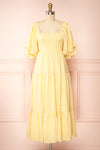 Abra Yellow Tiered Midi Dress w/ Puffy Sleeves | Boutique 1861 front view