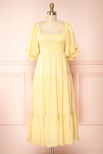 Abra Yellow Tiered Midi Dress w/ Puffy Sleeves | Boutique 1861 front view
