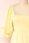 Abra Yellow Tiered Midi Dress w/ Puffy Sleeves | Boutique 1861 front close-up