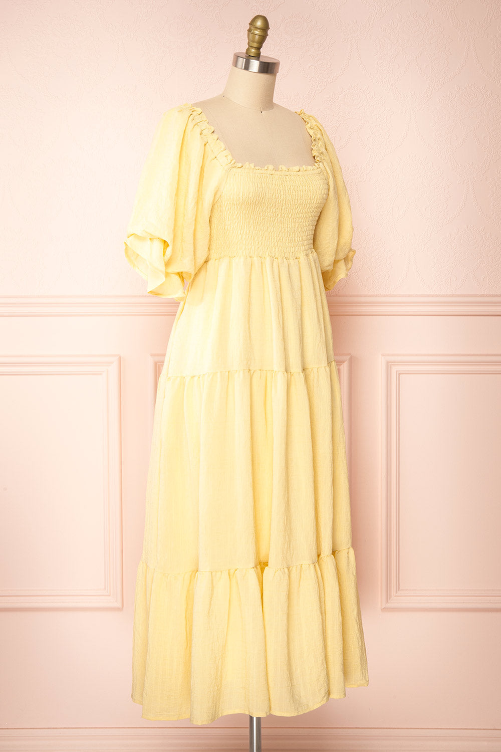 Abra Yellow Tiered Midi Dress w/ Puffy Sleeves | Boutique 1861 side view 
