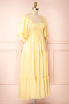 Abra Yellow Tiered Midi Dress w/ Puffy Sleeves | Boutique 1861 side view