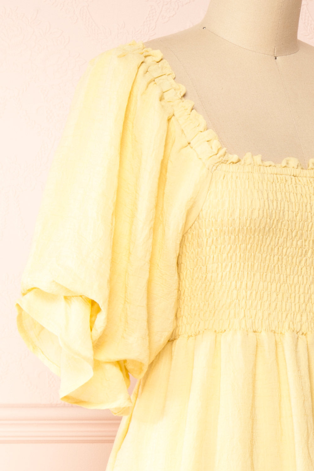 Abra Yellow Tiered Midi Dress w/ Puffy Sleeves | Boutique 1861 side close-up