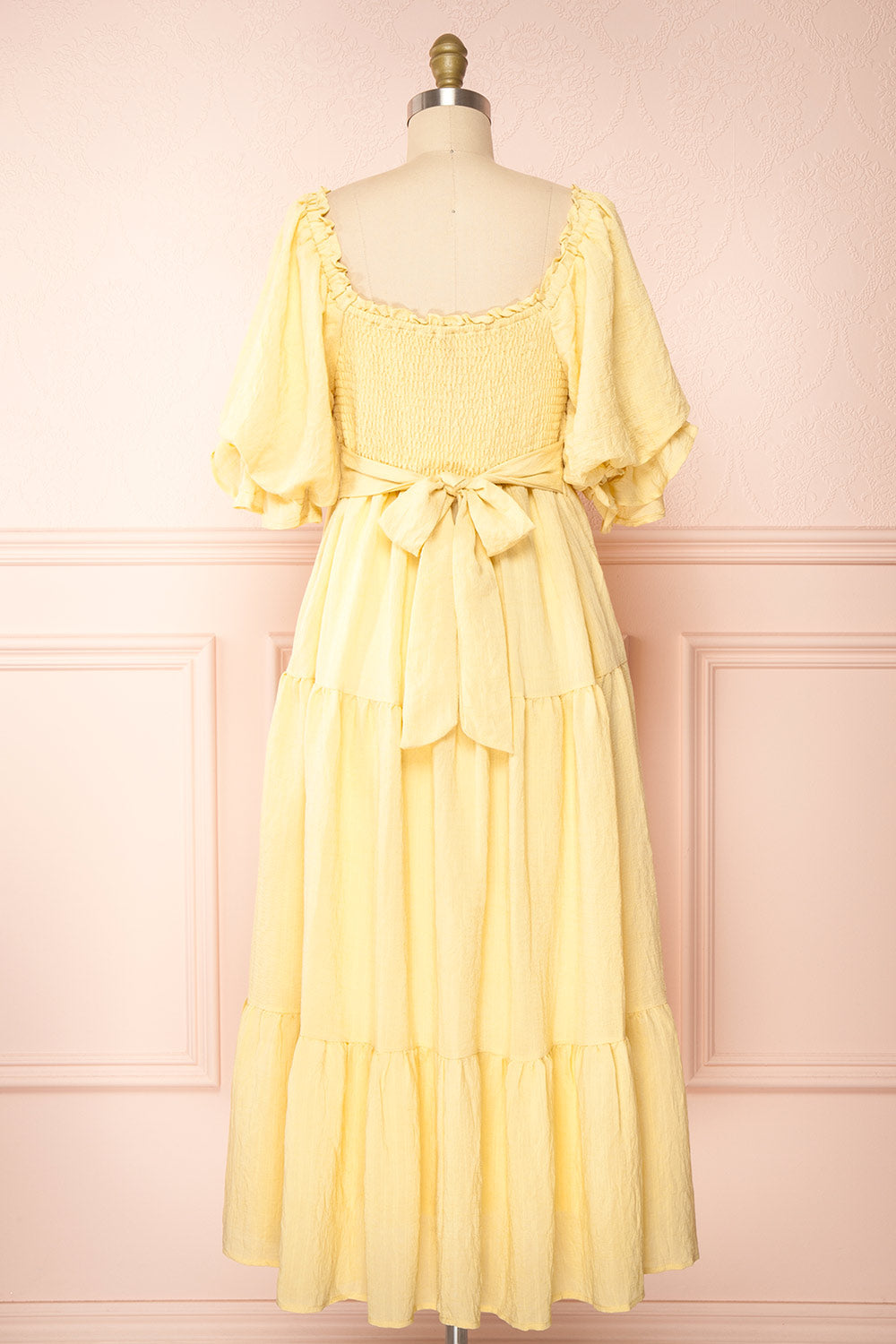 Abra Yellow Tiered Midi Dress w/ Puffy Sleeves | Boutique 1861 back view 