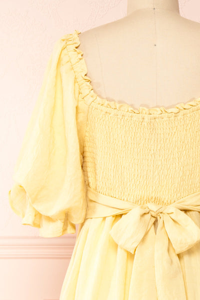 Abra Yellow Tiered Midi Dress w/ Puffy Sleeves | Boutique 1861 back close-up