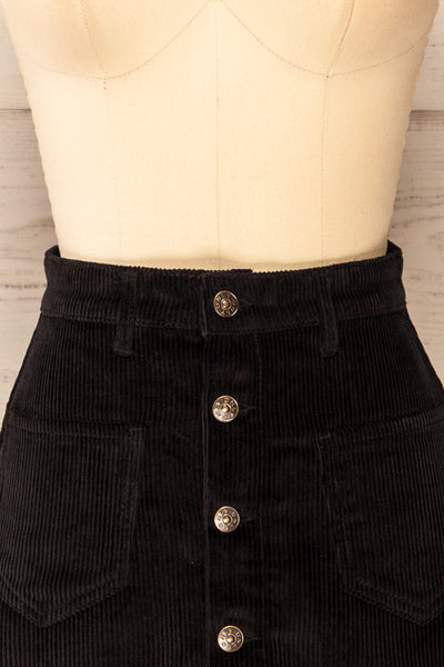 Acy Black Short Corduroy Skirt w/ Buttons | La petite garçonne front close-up