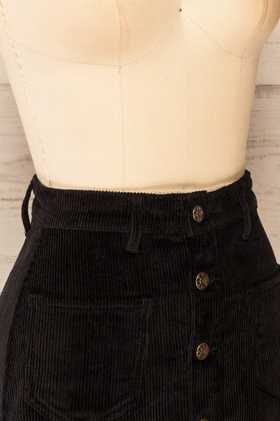 Acy Black Short Corduroy Skirt w/ Buttons | La petite garçonne side close-up