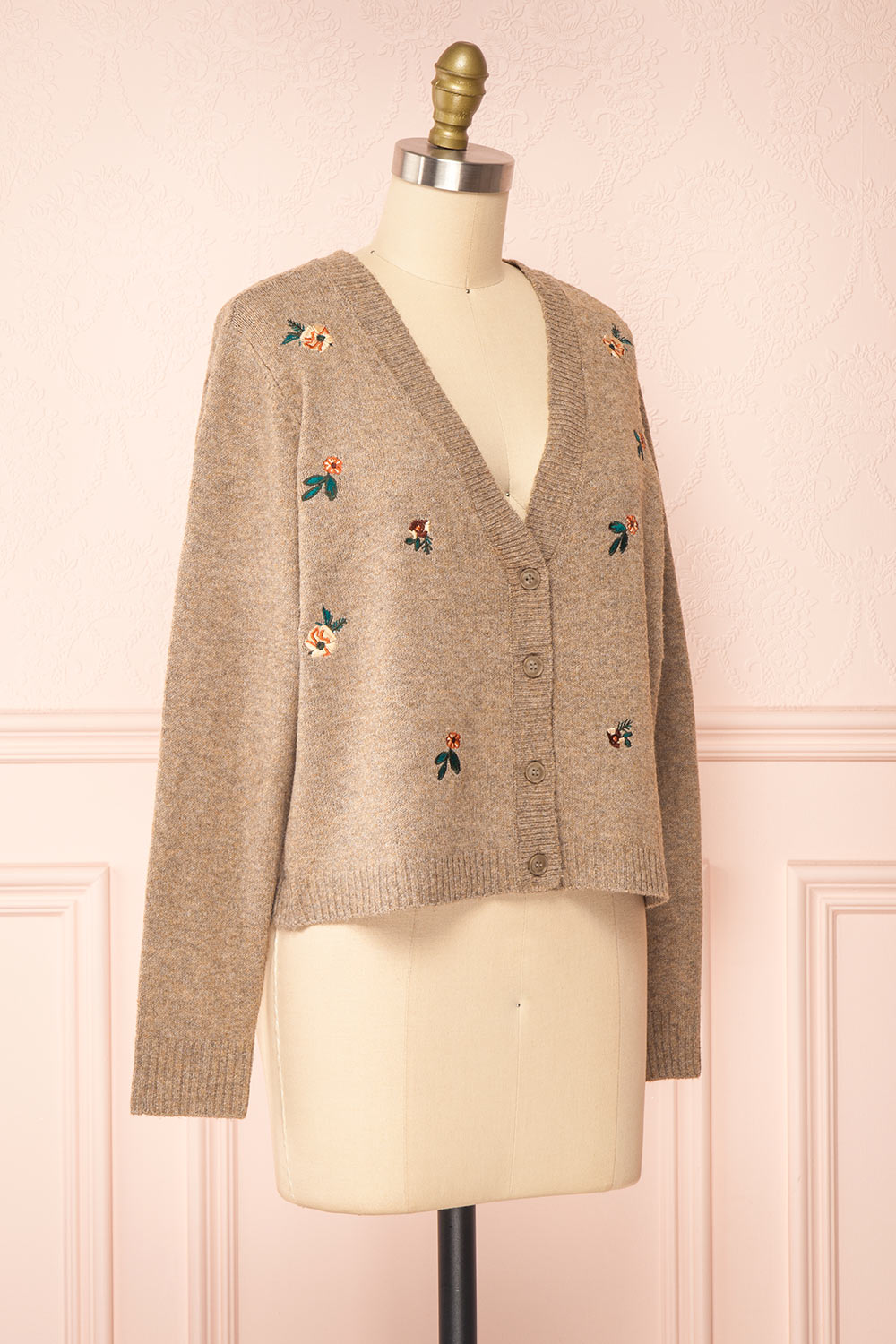 Adamo Taupe Cropped Cardigan w/ Flowers | La petite garçonne side view