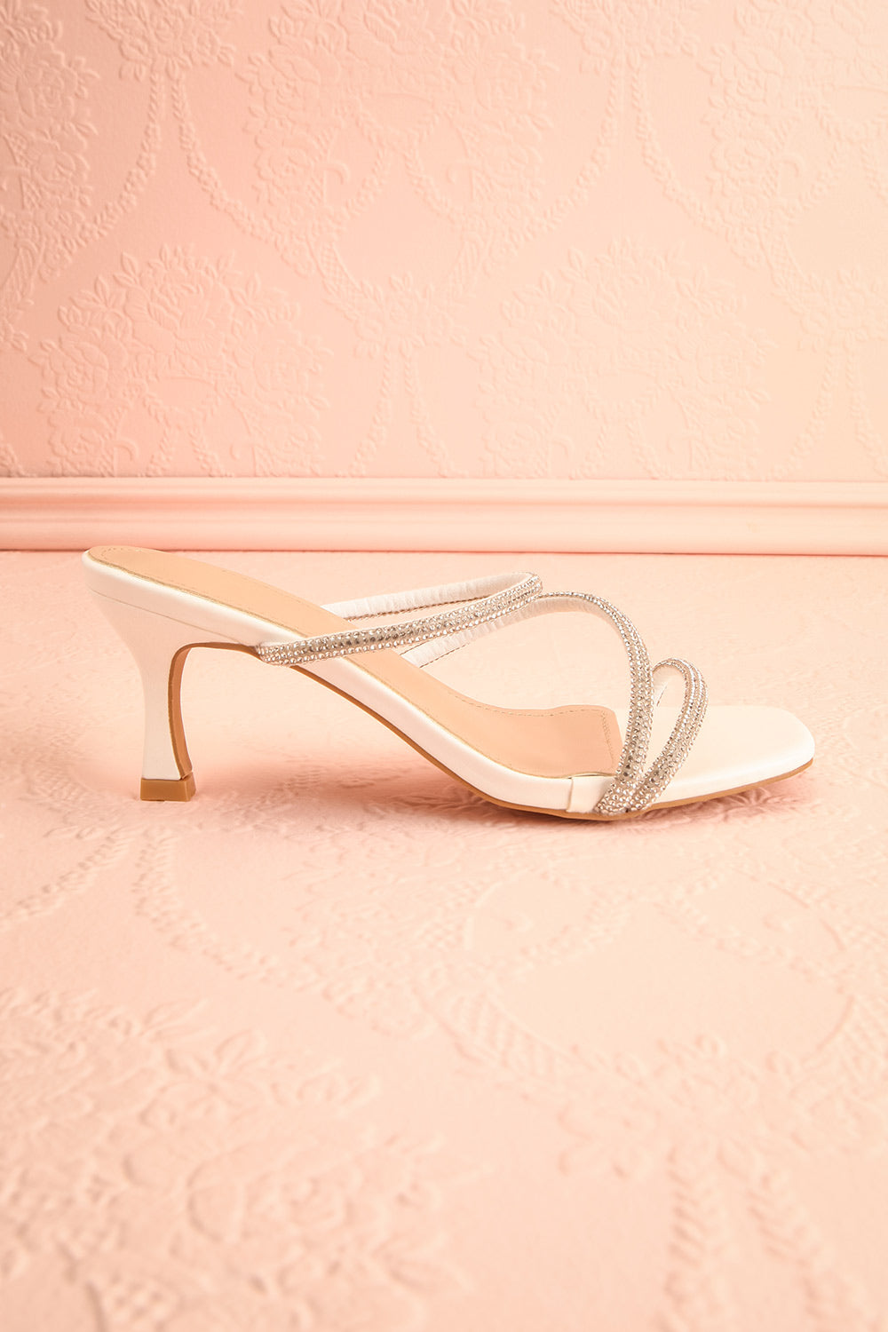 Adele White Slip-on Sparkly Heeled Sandals | Boudoir 1861 side view