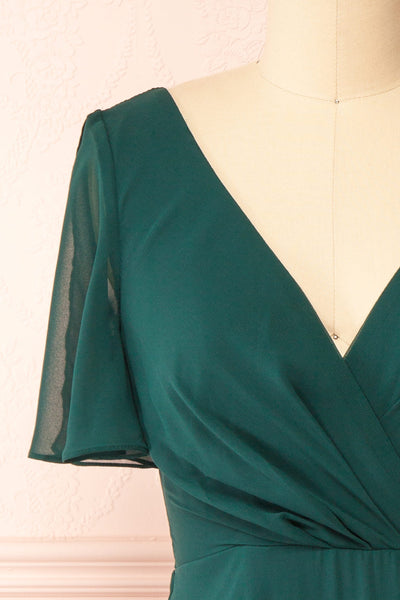 Adelie Green V-neck Chiffon Midi Dress | Boutique 1861 front close-up