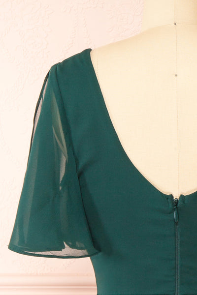Adelie Green V-neck Chiffon Midi Dress | Boutique 1861 back close-up