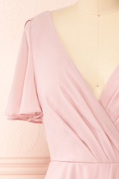 Adelie Lilac V-neck Chiffon Midi Dress | Boutique 1861 front close-up